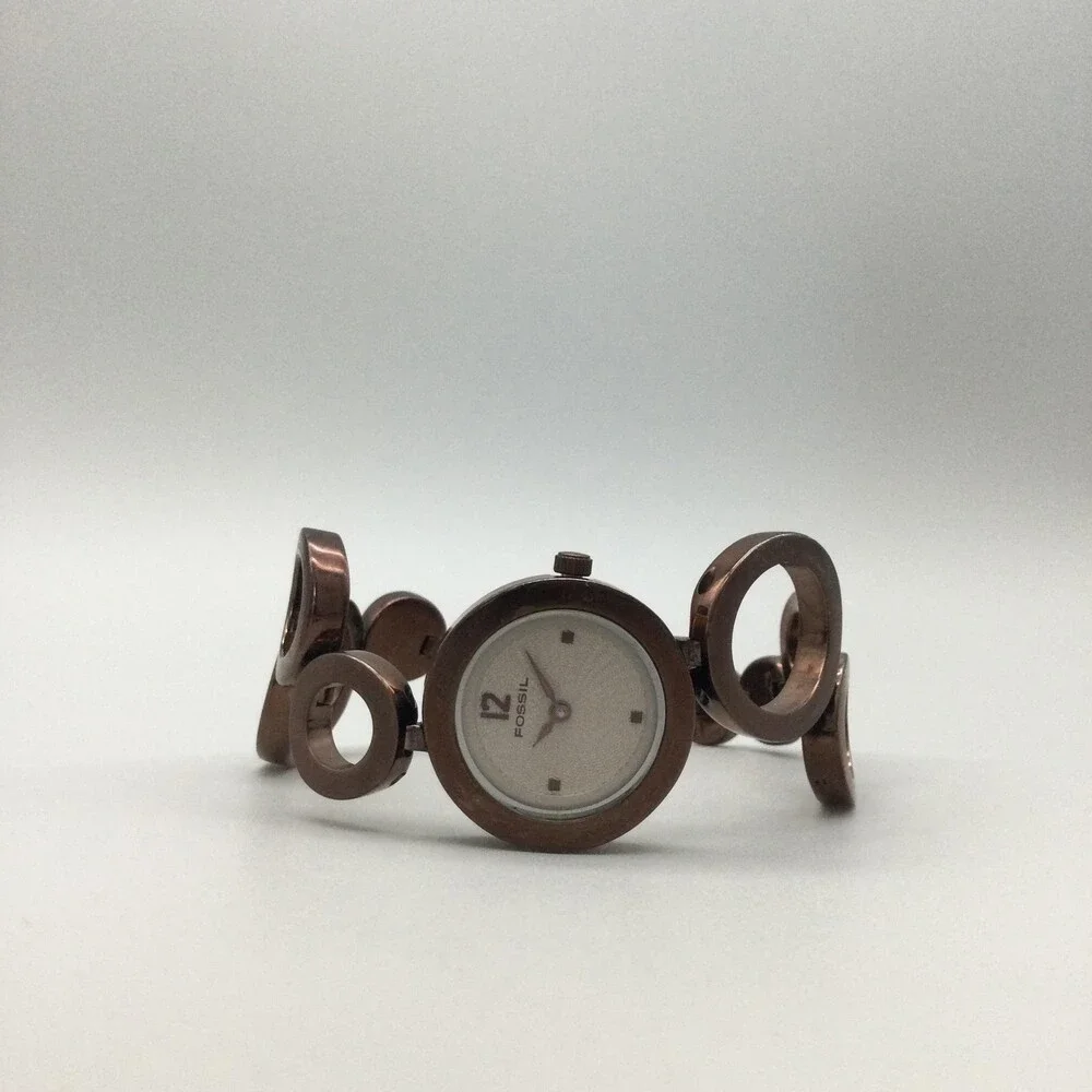 Fossil F2 ES-1816 Womens 25mm Watch White Dial Brown Steel Bracelet New Battery